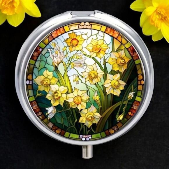 Daffodil Mosaic Pill Box Medicine Mini Steel Case Mirrored Travel Purse Size NWT - Picture 2 of 5